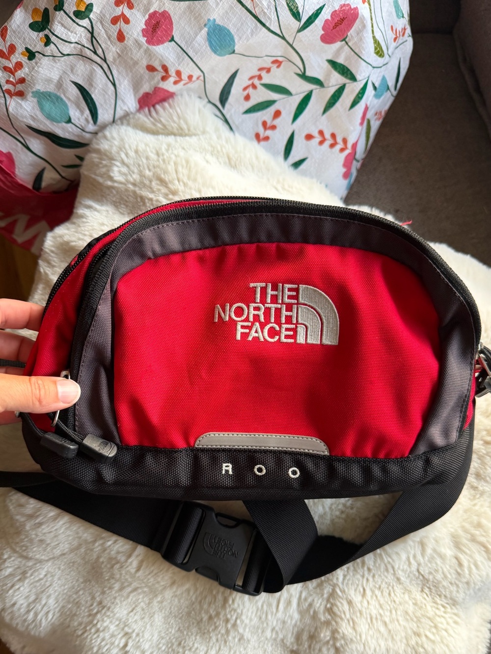 2011 The North Face Red and Gray Belt Bag. The Roo Fanny pack
